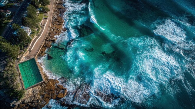 A breathtaking view from above showcases waves crashing against rocks beside a vibrant swimming pool located on the coastline. The water glimmers under the bright sun. - Powered by Adobe