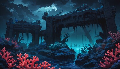underwater ruins with coral and ancient architecture at night