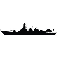 Fototapeta premium Silhouette of a modern warship with a helicopter on deck