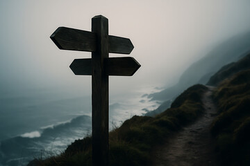 A weathered wooden signpost with two blank arrows on a rugged coastal hiking trail overlooking a turbulent, foggy sea and rocky shoreline