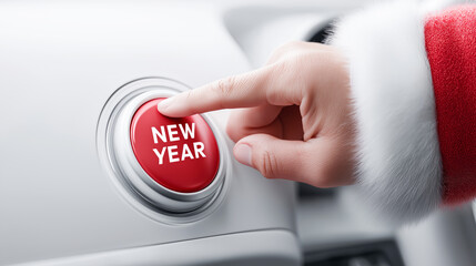 Obraz premium Close-up of Santa finger pressing the red start button on a car with the word NEW YEAR written on it. Atmosphere is festive, with festive lights and copy space on the sides.
