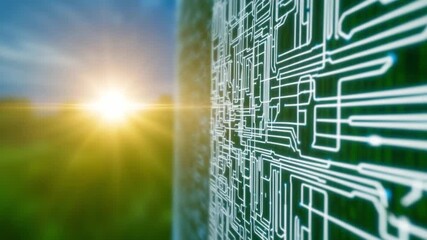 Digital Frontier: An intricate circuit board design merges with a vibrant outdoor backdrop, signifying the convergence of technology and nature. Illuminating a bright future for innovation.
