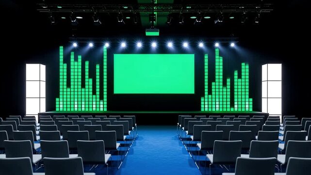 Dynamic presentation stage with green screen and modern lighting setup ready for a conference or corporate event video, perfect for announcements