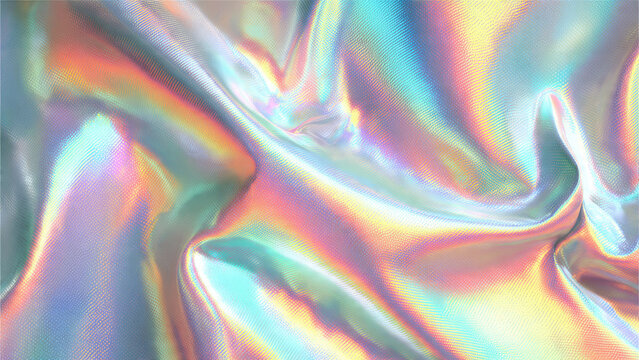 Dynamic folds of shimmering holographic fabric display an iridescent spectrum of rainbow colors, creating a vibrant, futuristic, and abstract background.