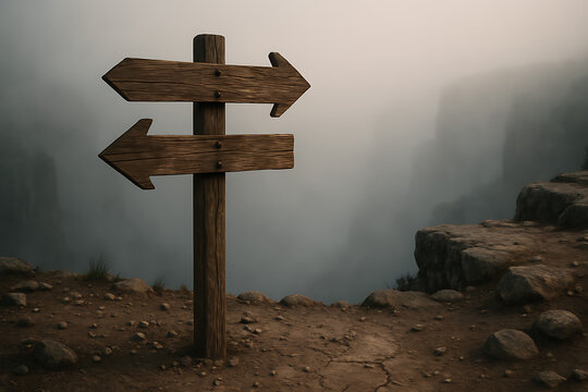 A rustic wooden signpost with two blank arrow boards pointing in opposite directions on a foggy mountain path offering a clear visual choice