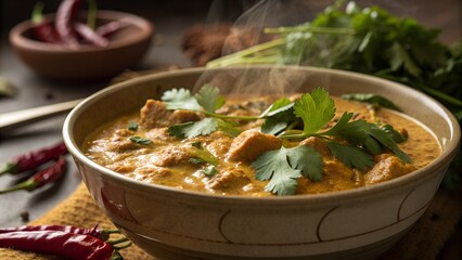 Steaming bowl of rich and creamy chicken curry garnished with fresh cilantro and dried chilies in background
