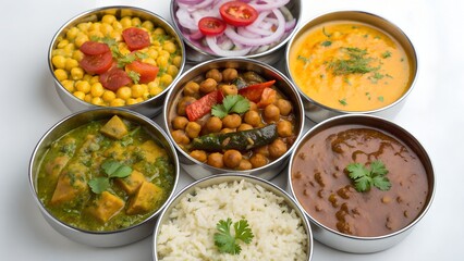 A vibrant assortment of indian curries and rice served in traditional metal bowls offering a delicious culinary experience