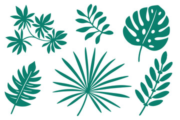 A collection of seven turquoise tropical leaves showcases diverse botanical forms on a white background
