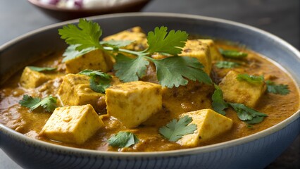 Delicious indian paneer butter masala curry served in a dark blue bowl with fresh cilantro garnish