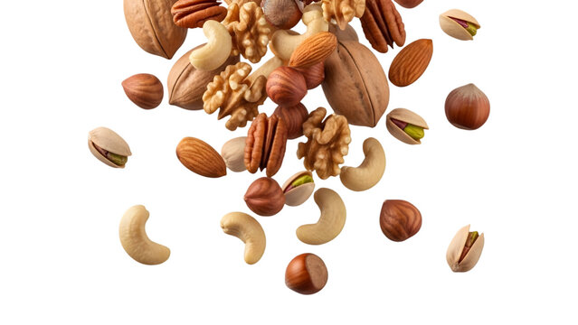 Pile of mixed nuts falling mid-air on white background
