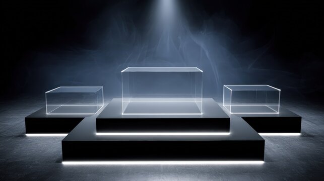 Illuminated clear display cubes rest upon dark presentation pedestals under a spotlight beam - Powered by Adobe