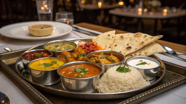 Delicious indian thali meal featuring assorted curries rice naan bread and raita served on a metal tray