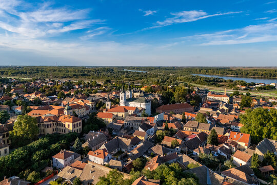 Sremski Karlovci, Serbia - November 17, 2025: Aerial view of Sremski Karlovci, showcasing its charming architecture, historic buildings, and the prominent cathedral, Serbia