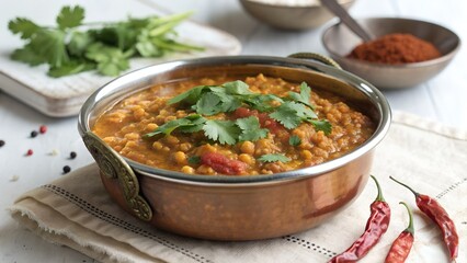 Hearty indian dal tadka served in a traditional copper pot garnished with fresh cilantro and dried red chilies