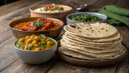 A rustic wooden table laden with delicious indian cuisine featuring curries chickpeas and a stack of freshly made chapati bread
