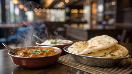 Steaming indian curry and fluffy naan bread served in traditional metal bowls on a restaurant table