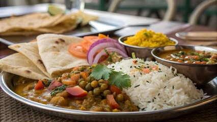 A delicious indian thali meal featuring chana masala rice roti and fresh vegetable garnish