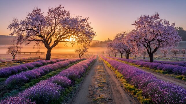 Lavender fields under flowering trees, a dirt road, & golden sunrise - Powered by Adobe