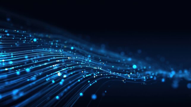 A vibrant display of flowing blue lines and illuminated dots creates a dynamic and hypnotic pattern. This digital artwork represents movement and energy in a captivating manner.