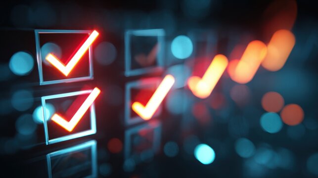 Glowing check marks in a digital interface signify completed tasks. The backdrop features blurred lights in blue and red hues, creating a modern tech ambiance.