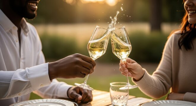 Couple clinking glasses during sunset celebration outdoors for New Year - Powered by Adobe