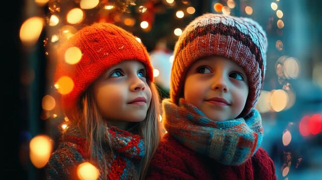 Two young siblings, a brother and sister, bundled up in warm winter hats and scarves, admire a whimsical Christmas shop window decorated with twinkling lights during a magical evening
