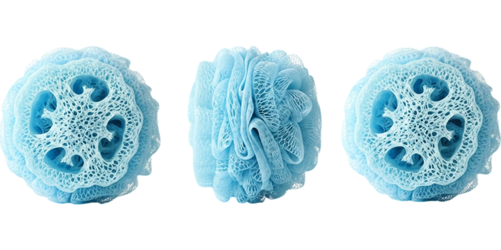 Three Dimensional Blue Bath Loofah Sponges Texture Detail Skincare Product Still Life on transparent background - Powered by Adobe