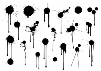 Abstract black ink splatters and paint drips set, grunge liquid stain collection. isolated on transparent background