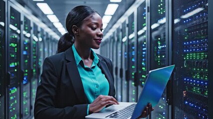 African american woman it technician working on a laptop in a modern data center server room - Powered by Adobe