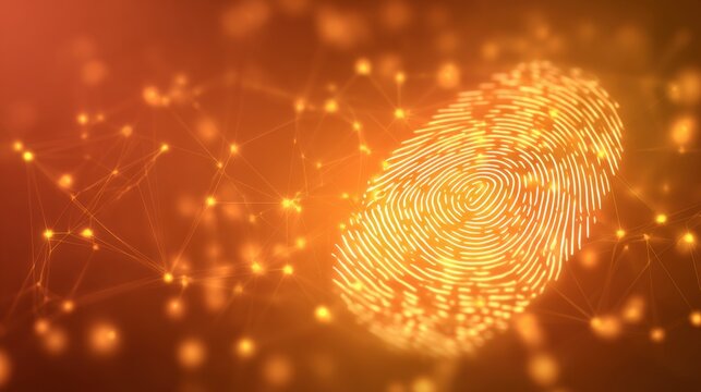 A vibrant digital fingerprint illuminated with orange hues is set against a backdrop of glowing interconnected lights, symbolizing a blend of technology and security in a modern context.