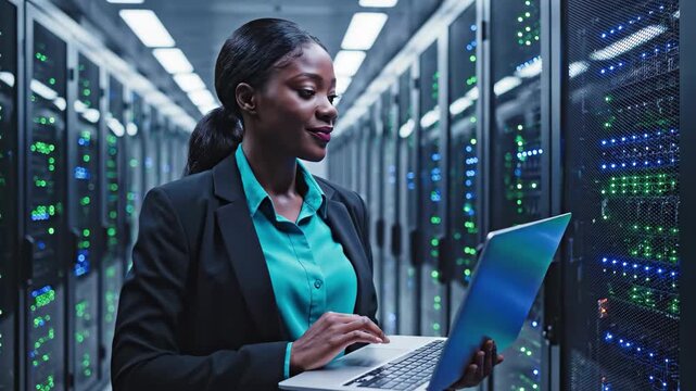 African american woman it technician working on a laptop in a modern data center server room