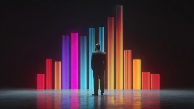 leadership observing glowing data charts, manager analyzing vibrant digital information displays, executive immersed in futuristic environment with luminous data representations guiding decisions