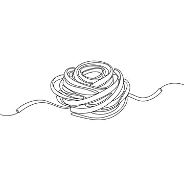 Single continuous line drawing of linguine pasta nest in black and white representing Italian cuisine for restaurant menu with copy space