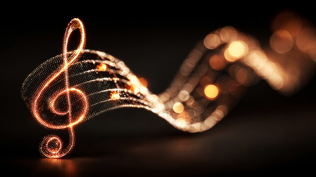 A musical background with golden notes and waves of sound, glowing on a dark brown background.