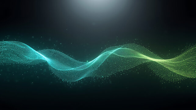glowing teal green particle wave on dark background for abstract tech visualization