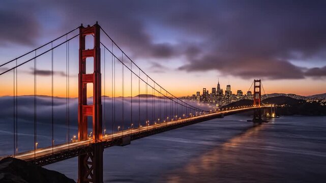 Golden Gate Bridge Illuminating the Night Sky with City Skyline Reflections and a Foggy Horizon