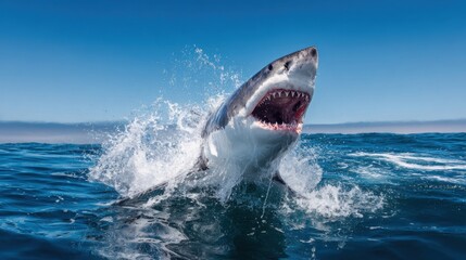 Fototapeta premium A great white shark leaps from the water, creating splashes under the bright sunlight. The clear blue ocean contrasts with the shark's fierce features, highlighting its agility and strength.