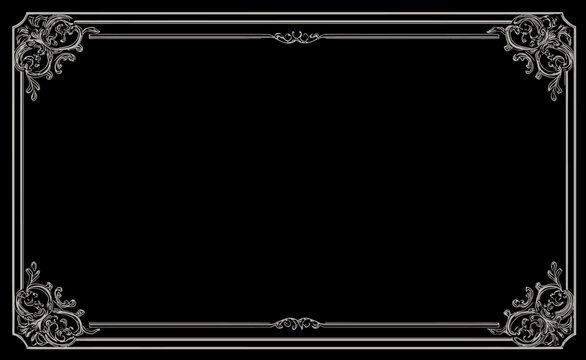 Elegant Ornate Decorative Frame Border on Black Background. Vintage Victorian Style Scrollwork Design Element for Certificates & Invitations.