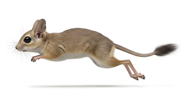 Jerboa animal jumping across a clean white background.