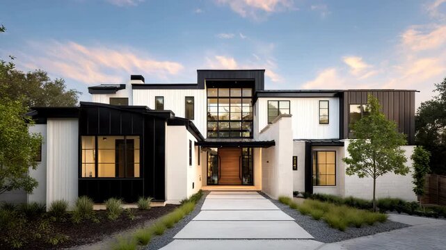 Stunning modern home exterior with sleek design and manicured landscaping creating curb appeal for real estate marketing and luxury lifestyle