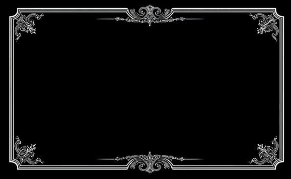 Elegant ornate vintage frame, classic decorative border on black. Intricate scrollwork design element for silent film titles, certificates, retro screens.