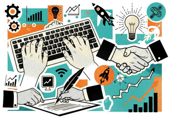 Business and technology concept featuring hands typing, writing, a handshake, lightbulb, rocket, gears, and growth charts isolated on transparent background