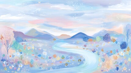 Gentle mountain landscape watercolor painting serene inviting scene pastel colors artistic child friendly design