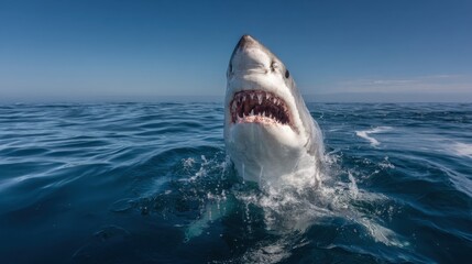 Fototapeta premium A great white shark rises dramatically from the water, showcasing its powerful jaws. The clear blue sea reflects sunlight, creating a vibrant atmosphere of marine life.