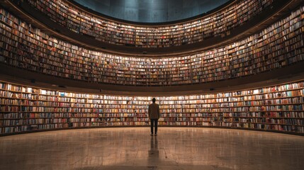 A person stands in awe within a large, circular library surrounded by towering bookshelves filled with numerous books. Soft light illuminates the space, enhancing the tranquil atmosphere.