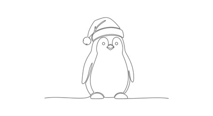 Cute Penguin with Santa Hat Continuous Line Art, Winter Season Minimalist Style Illustration