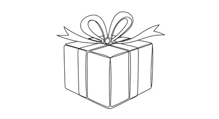 Minimalist line art illustration of a wrapped gift box with bow on white backdrop