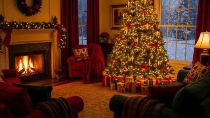 Christmas tree decorated in a cozy living room