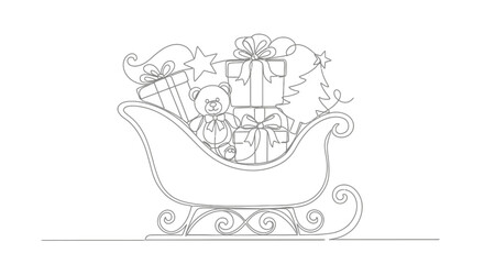 Minimalist line art illustration of Santa's sleigh filled with gifts and a teddy bear