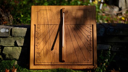 Rustic wooden serving board with carved design outdoors